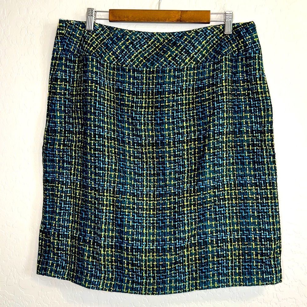 3/$25 Norton McNaughton Blue Green Yellow Plus Sized Tweed Skirt Size 14